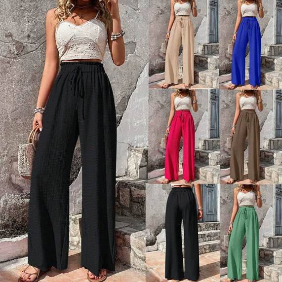 Women Lightweight Palazzo Pants with Crinkle Texture, High Smocked Waist and Drawstring Amarae