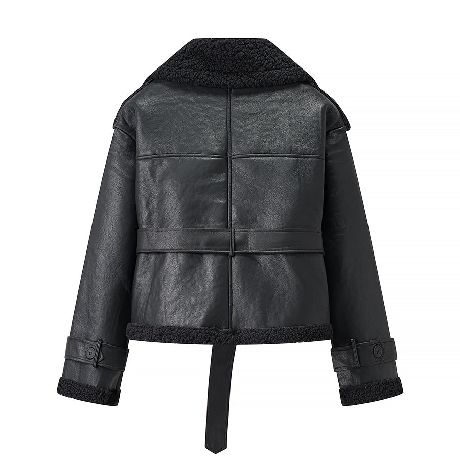 Women Short Sheepskin Imitation Flight Jacket with Waist Belt and Teddy Lining Amarae
