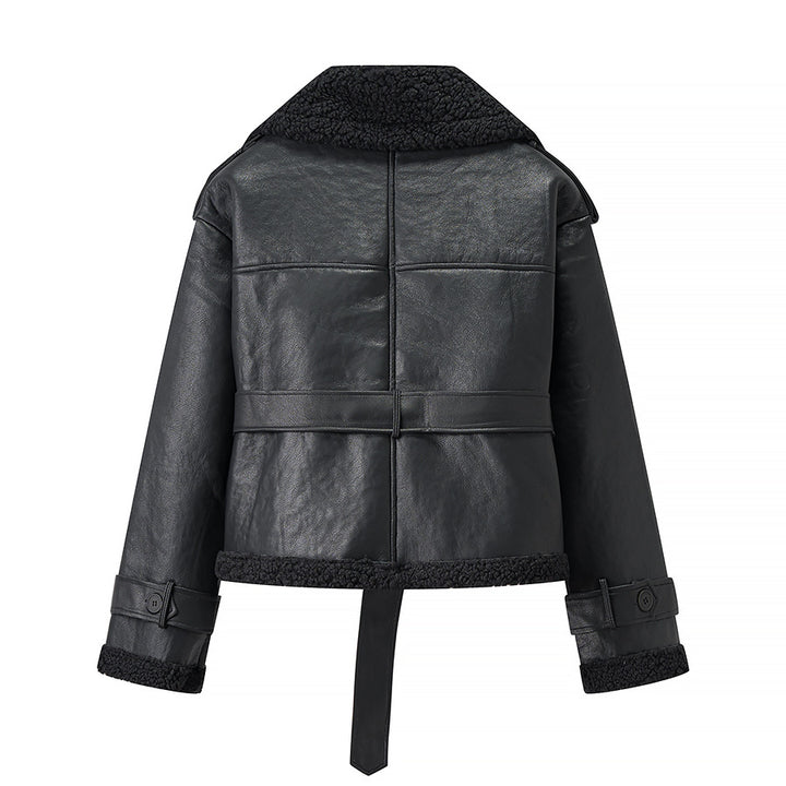 Women Short Sheepskin Imitation Flight Jacket with Waist Belt and Teddy Lining Amarae