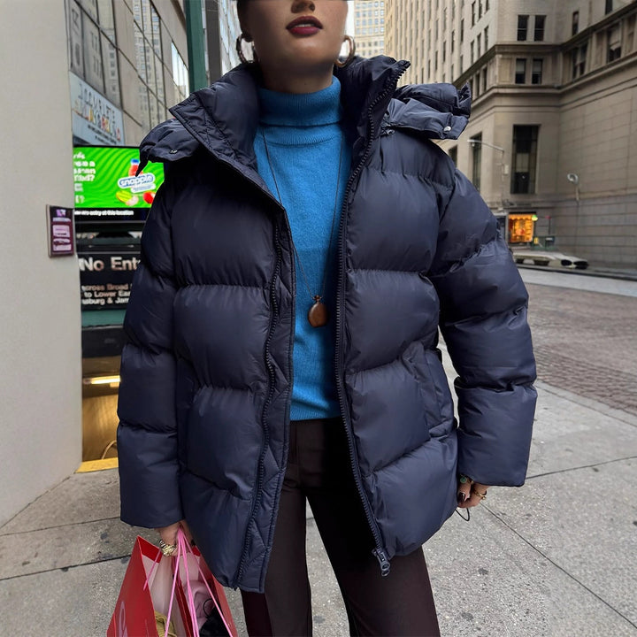 Women's Oversized Quilted Puffer Jacket with Removable Hood and Two-Way Zipper Amarae