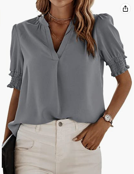 Short-sleeved blouse for women with gathered sleeves and a high collar Lune London