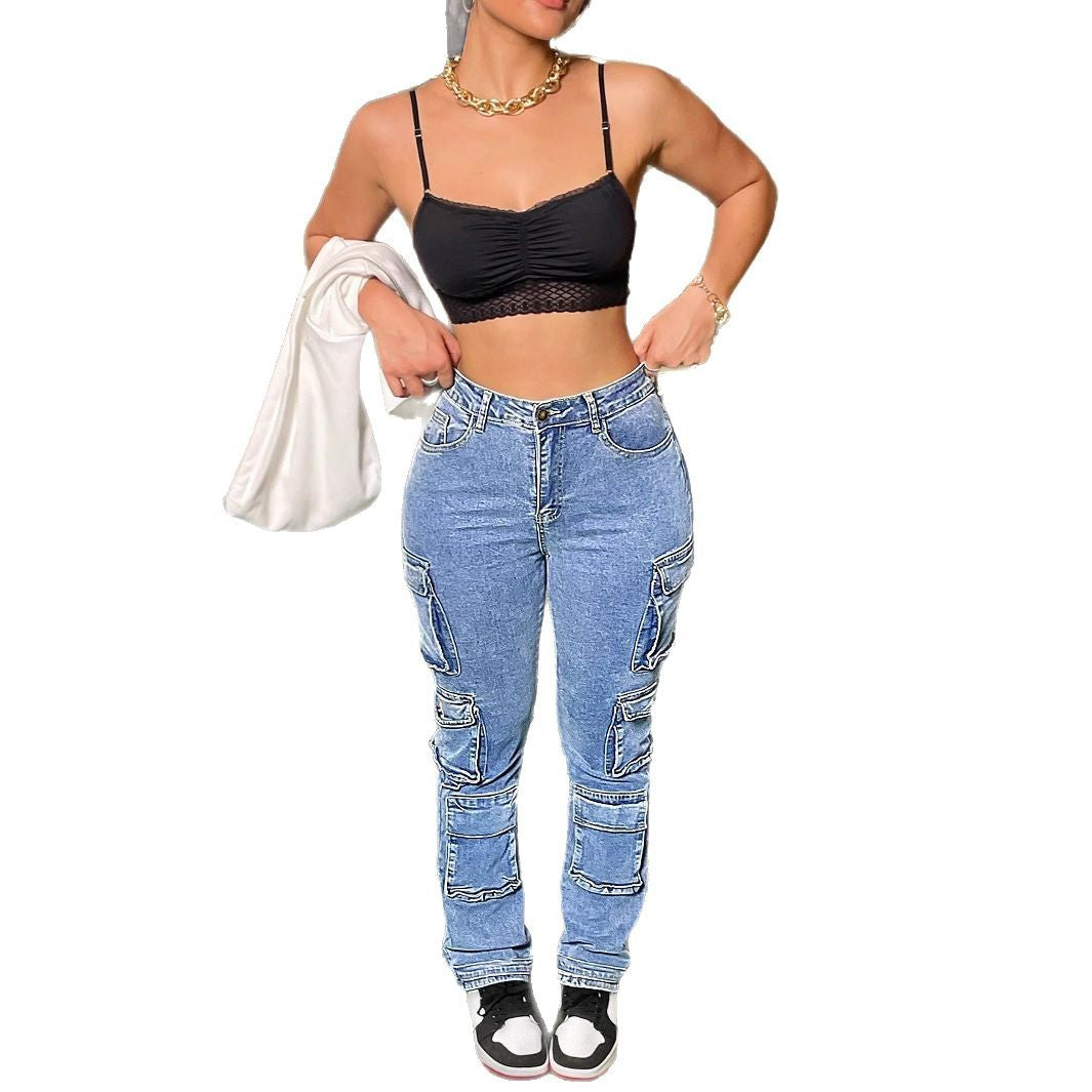 Women High-Waist Cargo Jeans with multiple flap pockets and straight leg Amarae