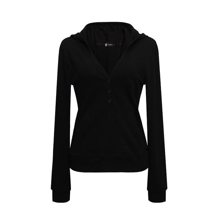 Ladies Thermo Waffle Knit Hooded Pullover with Henley Button Placket and Kangaroo Pocket Amarae