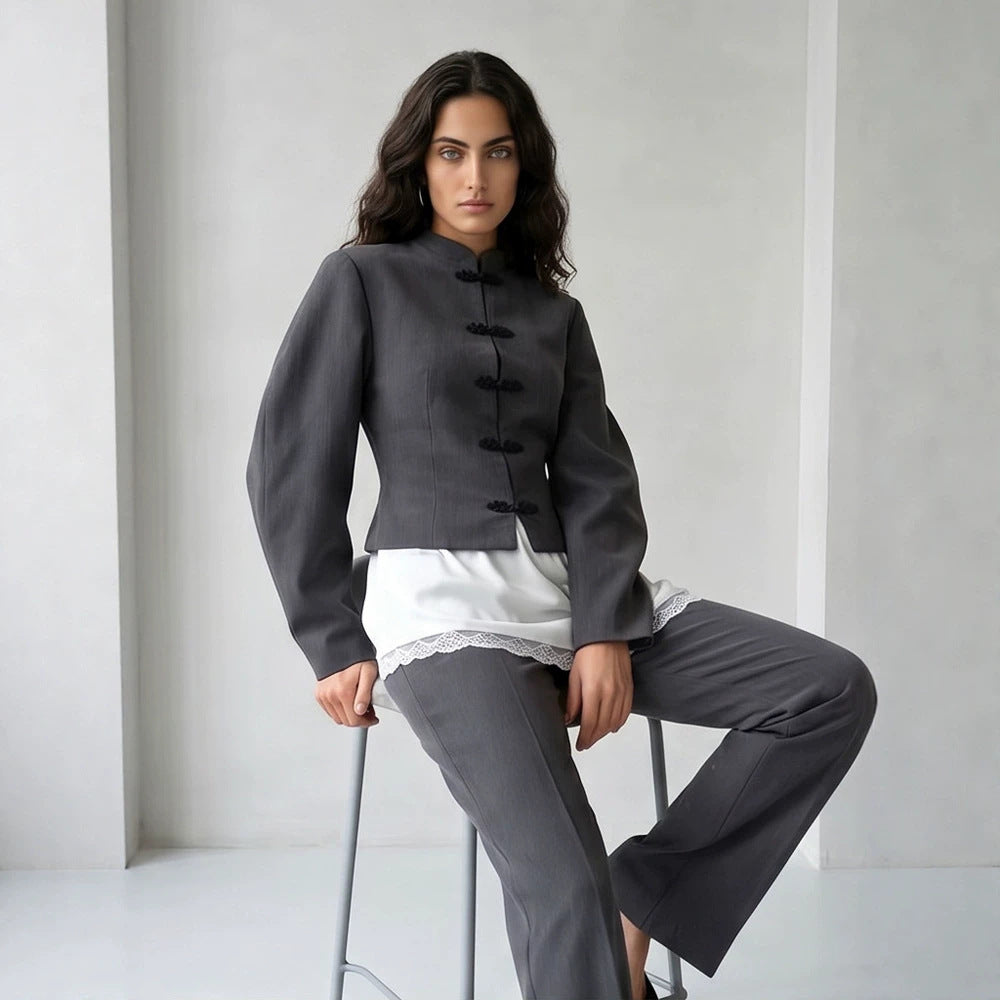 Women's Tailored Cropped Blazer with Mandarin Collar and Decorative Knot Closure Amarae