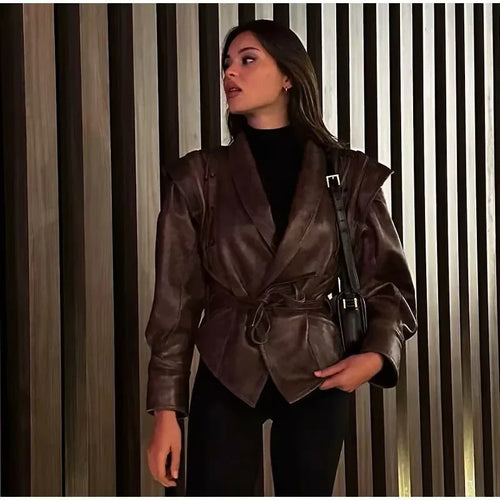 Fashion faux leather jacket for women with a stylish belt detail and a chic design Amarae