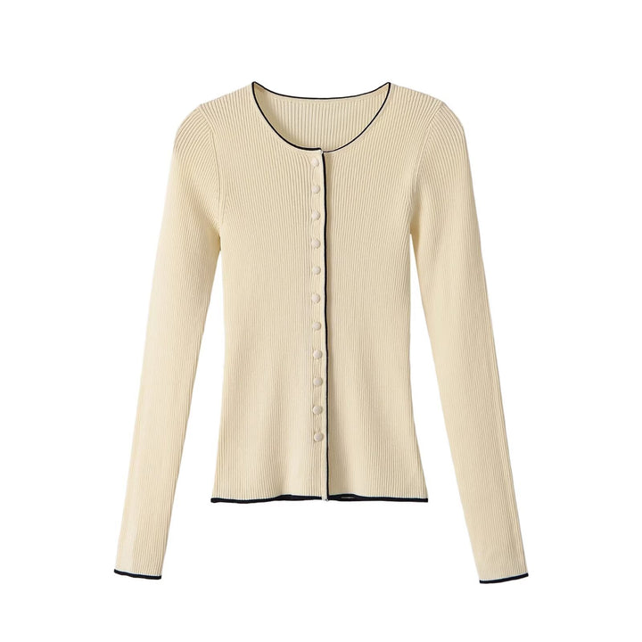 Women's fine ribbed cardigan with concealed button placket and contrast edge Amarae