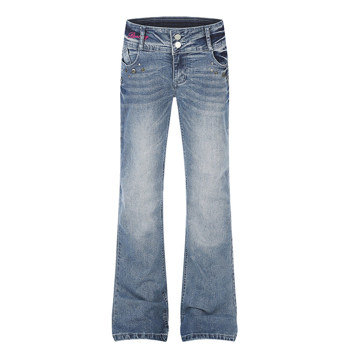 Women's High-Waist Flared Jeans with Wide Leg, Double Button and Stud Detail Amarae
