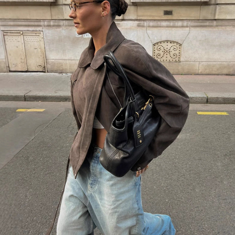 Ladies Fashionable Suede Jacket with Waist Belt Lune London