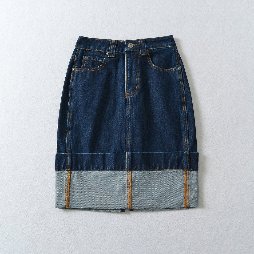 Women's High-Waisted Midi Skirt Made of Denim with Visible Seams and Turned-Up Hem Amarae