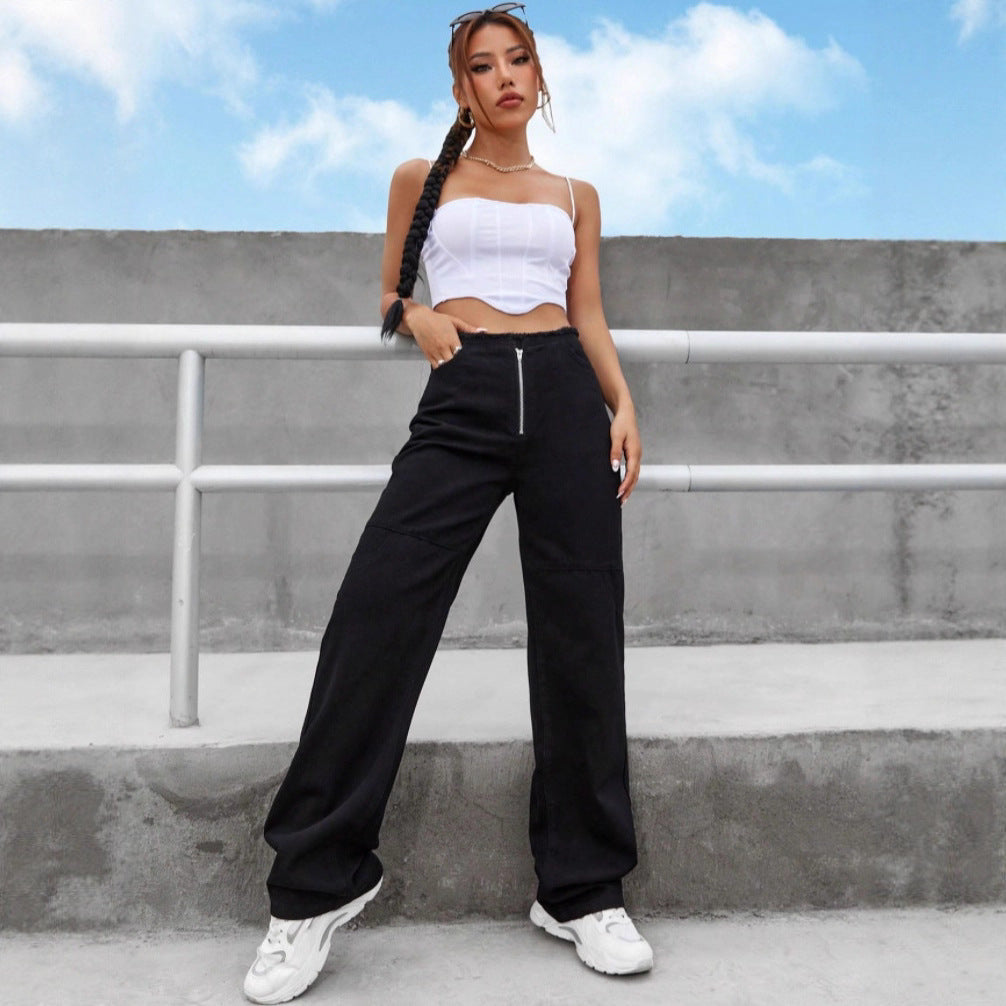 Women's High-Waisted Wide-Leg Jeans with Visible Front Zip, Knee Darts and Raw Hem Amarae