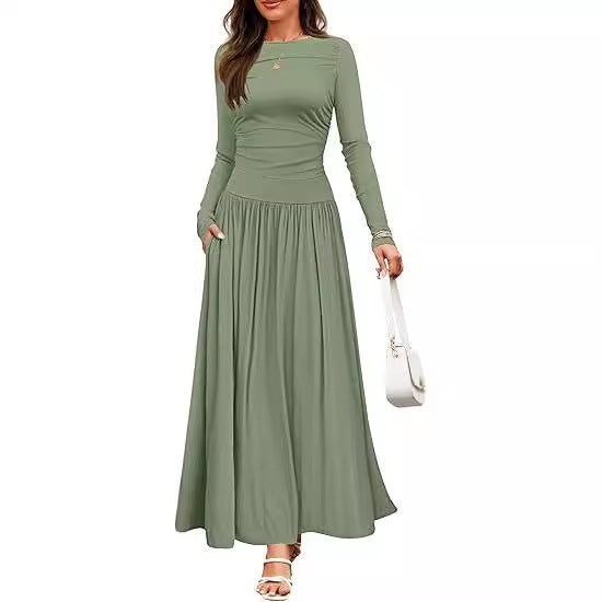 Lune London | Women Long-Sleeve Maxi Dress with Elegant Ruffle Details and Practical Pockets