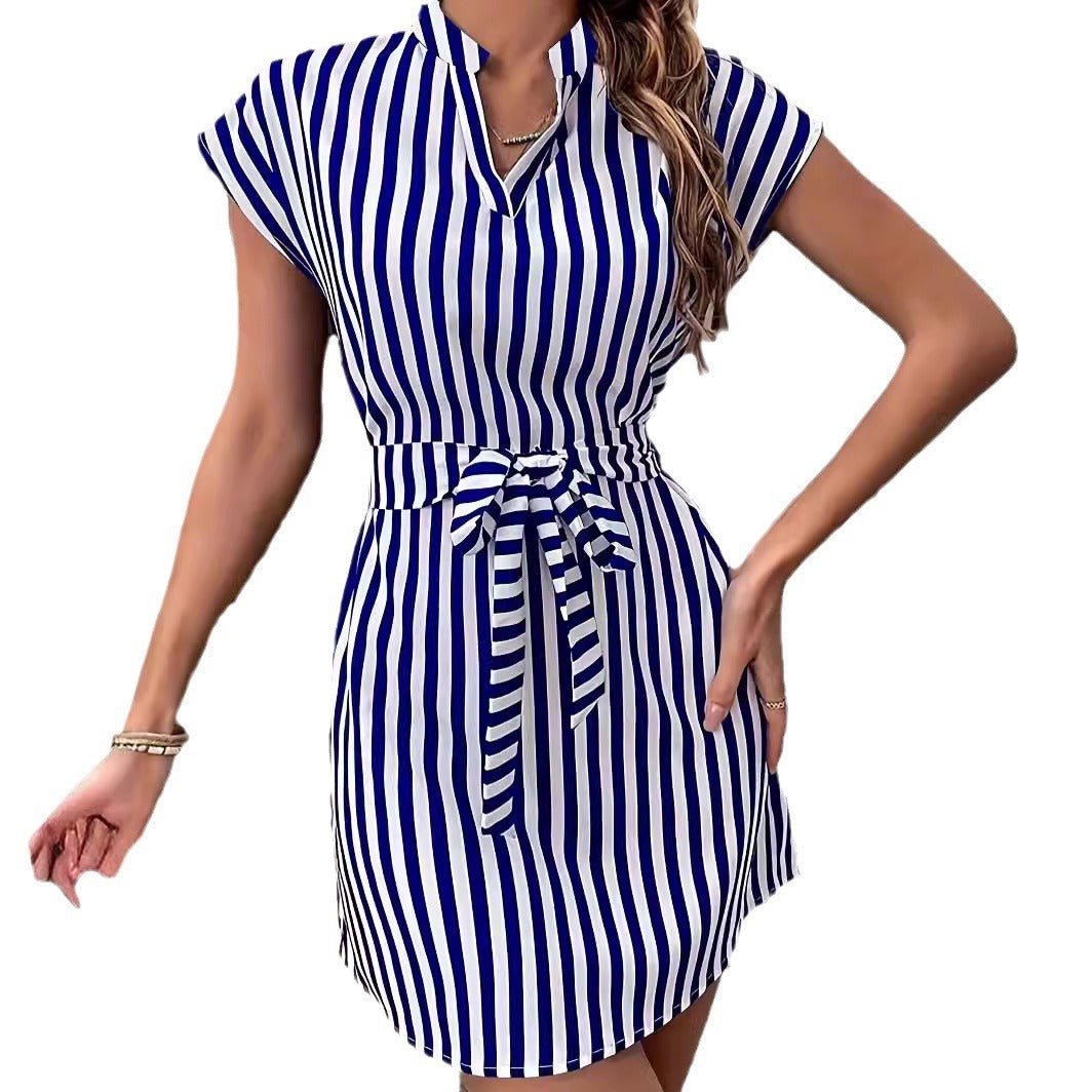 Short sleeve shirt dress for women with tie belt and elegant Lune London stripe