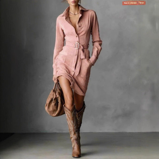 Robe chemise femme avec ceinture ajustée et poches latérales Chic & Stil