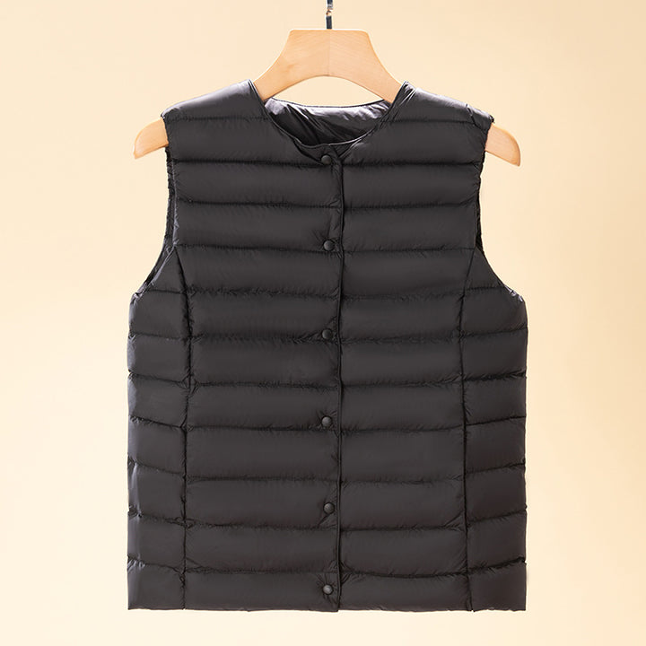 Women's sleeveless quilted thermal vest with round neck and snap button placket Amarae