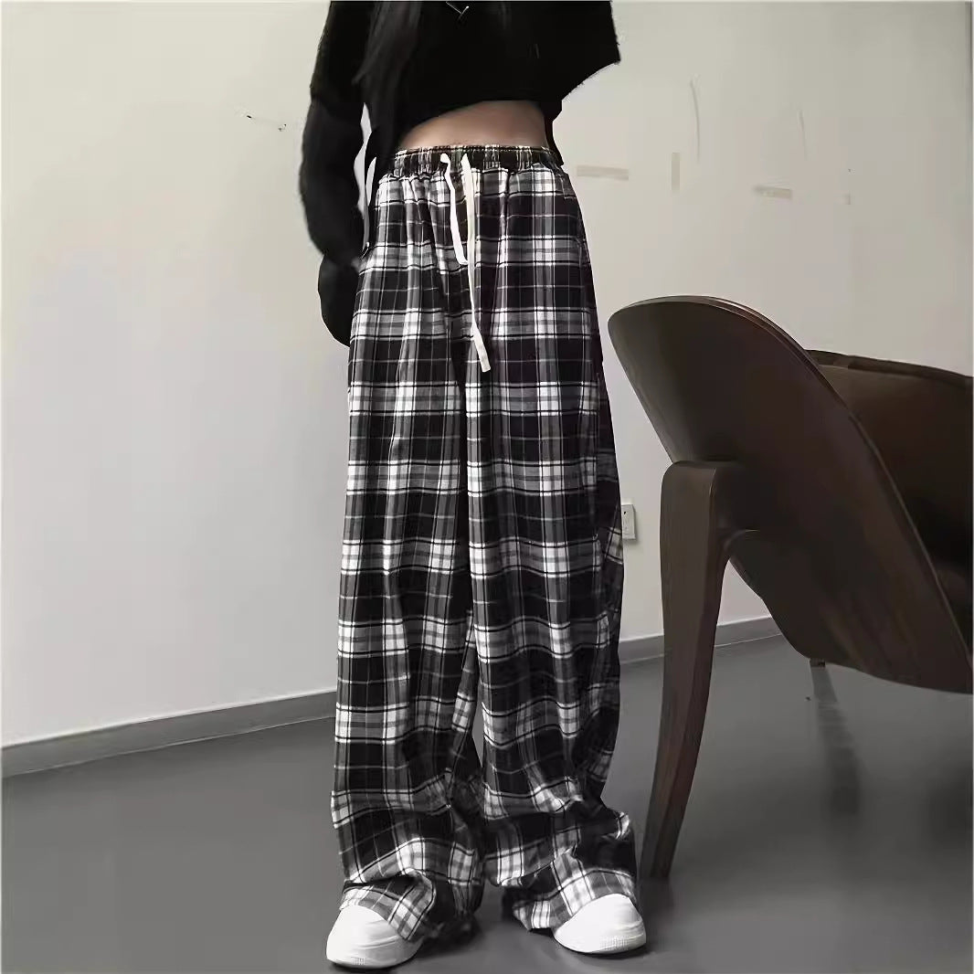 Wide plaid trousers for women with elastic waistband and tie belt Lune London