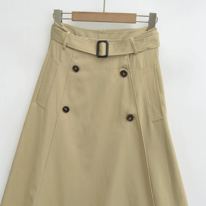 Women's A-Line Trench Skirt with Waist Belt and Decorative Button Placket Amarae