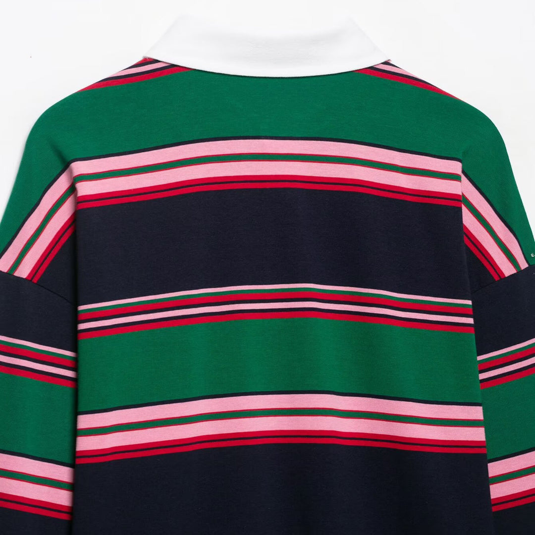Women Oversize Rugby Polo Shirt with White Kent Collar and Wide Horizontal Stripes Amarae