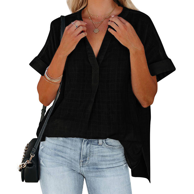 Casual short sleeve shirt for women with deep V-neck and rolled-up sleeves Lune London