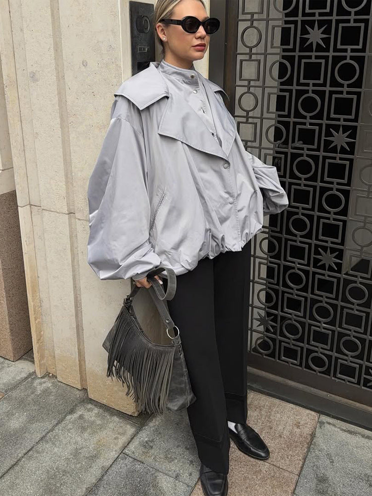 Women's Oversized Short Jacket with Wide Volume Sleeves and Drawcord Hem Amarae