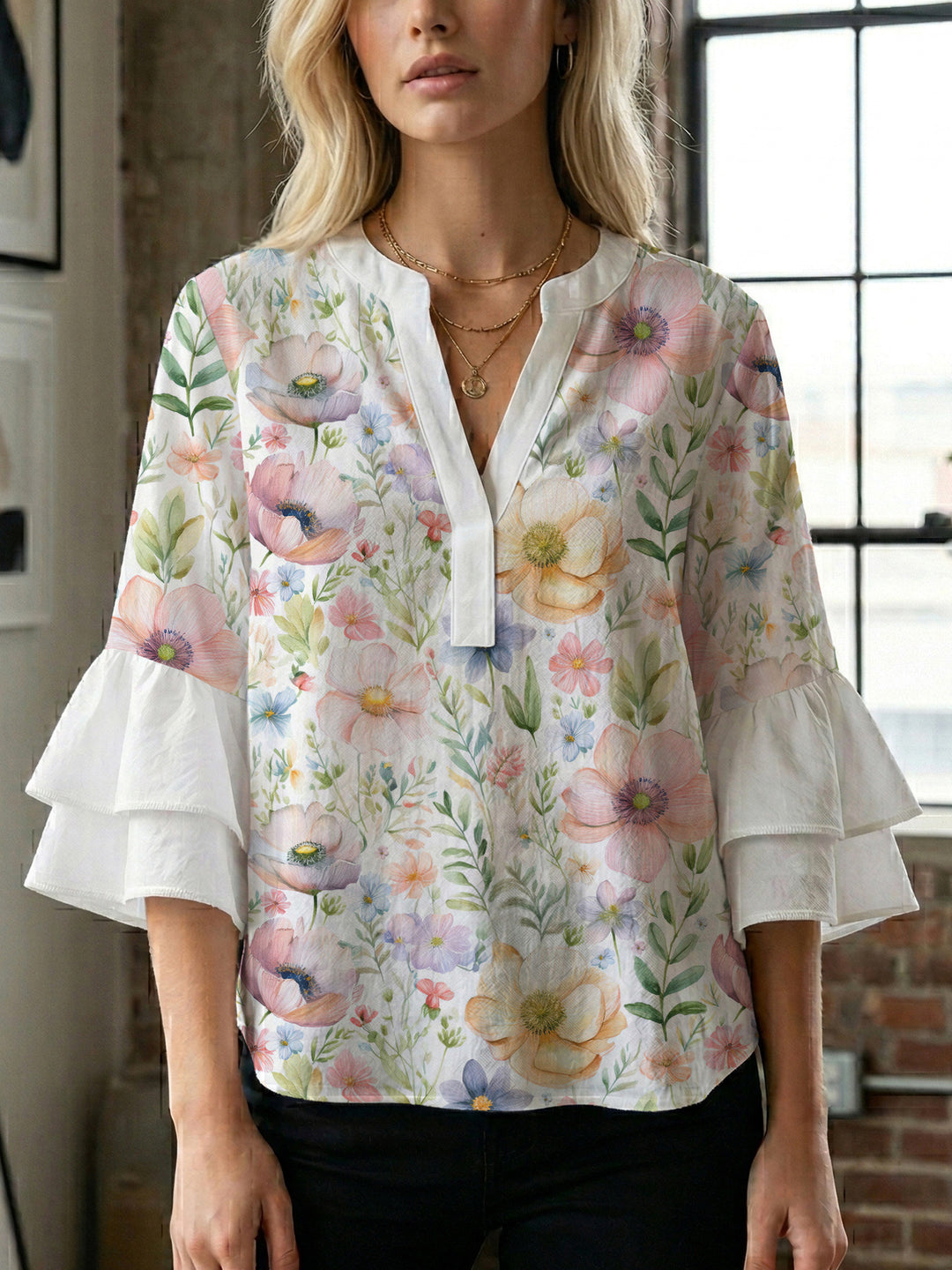 Women's flower creation with voluminous ruffled sleeves Lune London