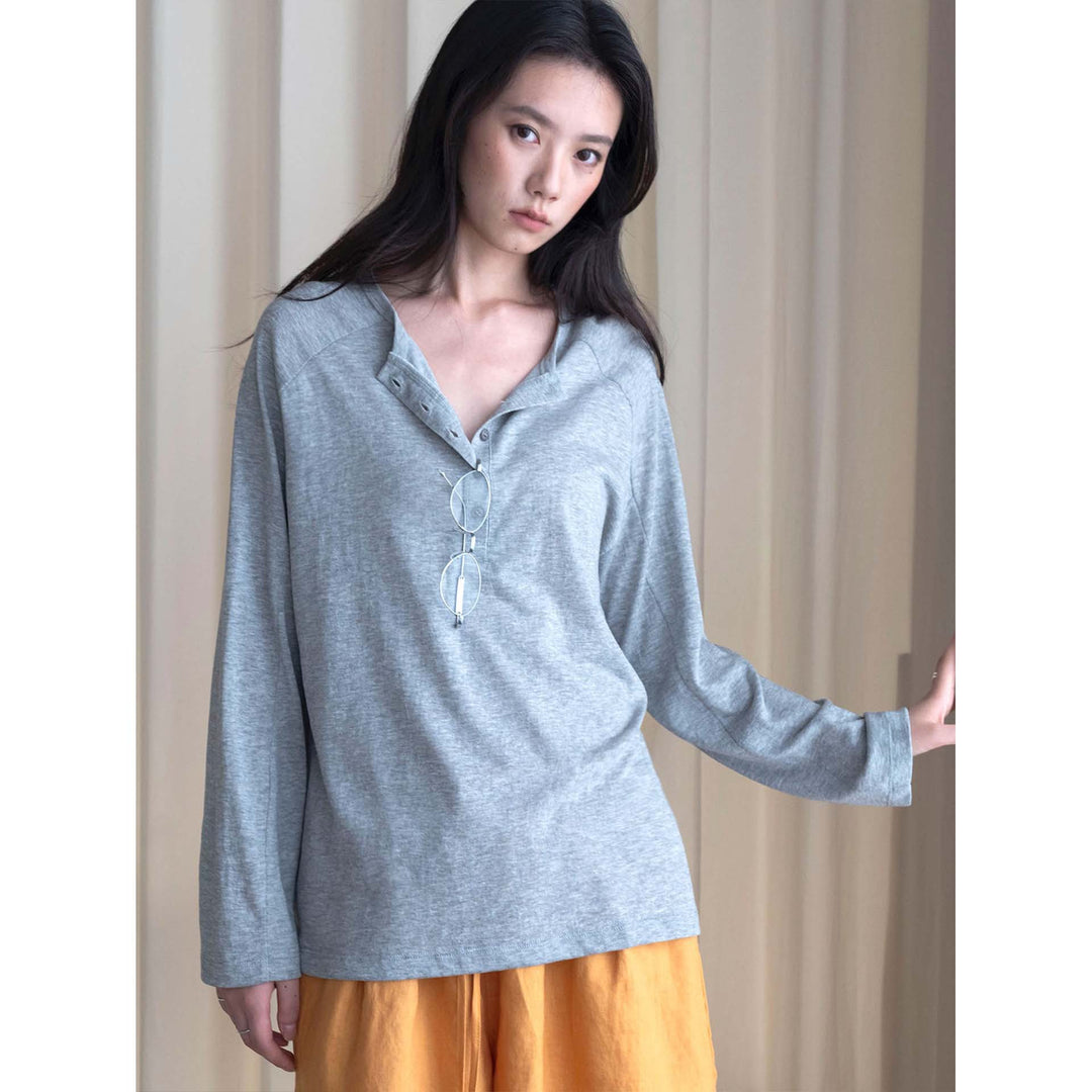 Women's Loose Henley Long Sleeve Made of Cotton Jersey Amarae
