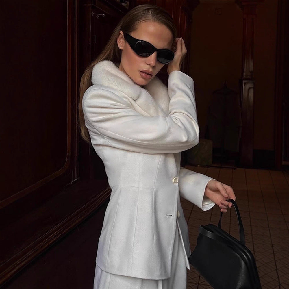 Ladies Tailored Blazer with Faux Fur Shawl Collar & Wide Pleated Trousers Amarae