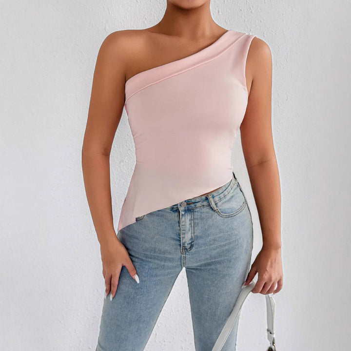 Women's asymmetrical top with off-the-shoulder design and elegant draping Lune London
