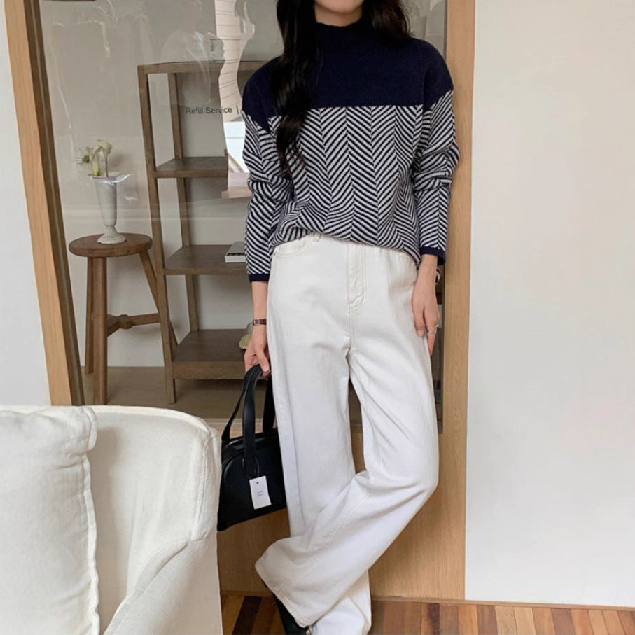 Women chunky knit sweater with high neck and zigzag pattern Lune London