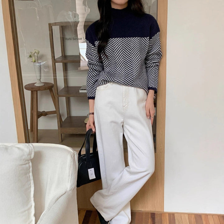 Women chunky knit sweater with high neck and zigzag pattern Lune London