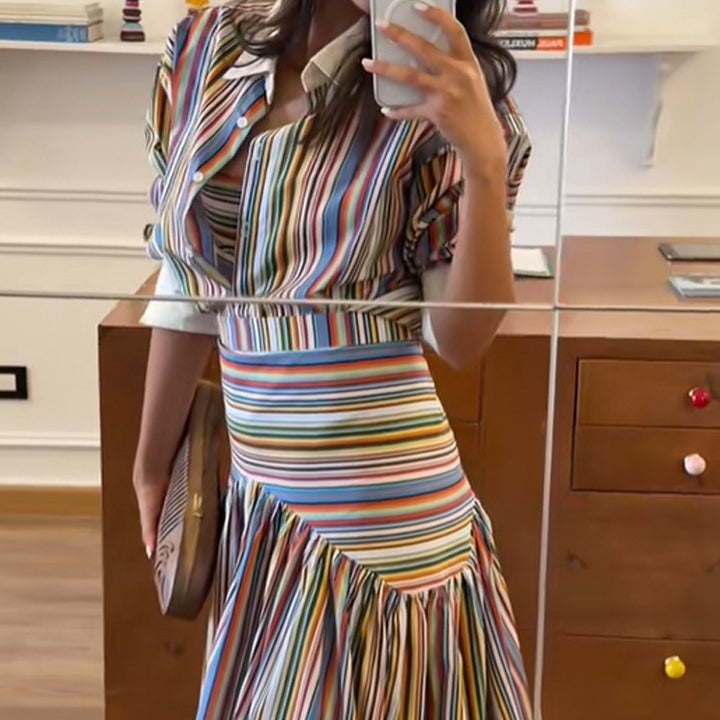 Women’s maxi dress with shirt collar, fitted waistband & layered tiered skirt Amarae
