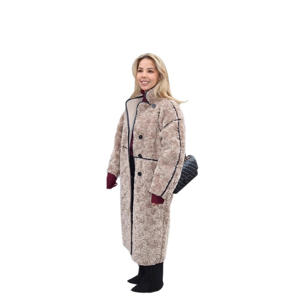 Women's Long Teddy Coat with Contrast Seams, Stand Collar and Button Placket Amarae