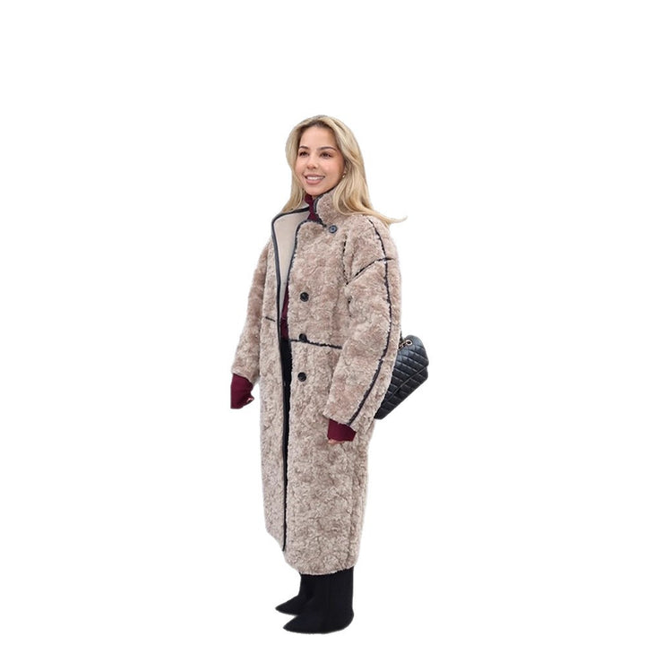 Women's Long Teddy Coat with Contrast Seams, Stand Collar and Button Placket Amarae