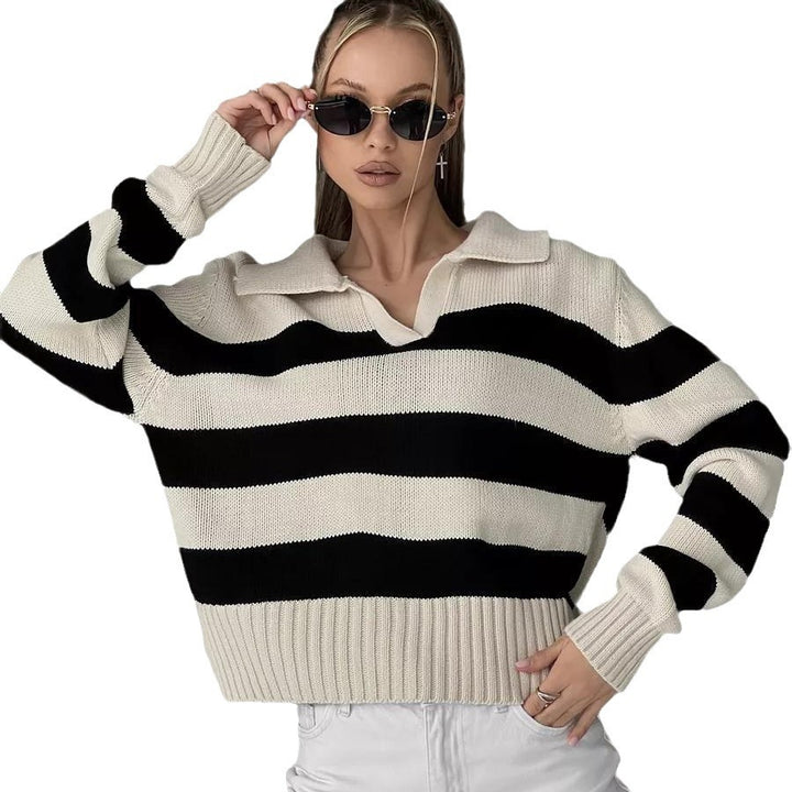Women Oversized Sweater with Classic Collar and Chic Striped Design
