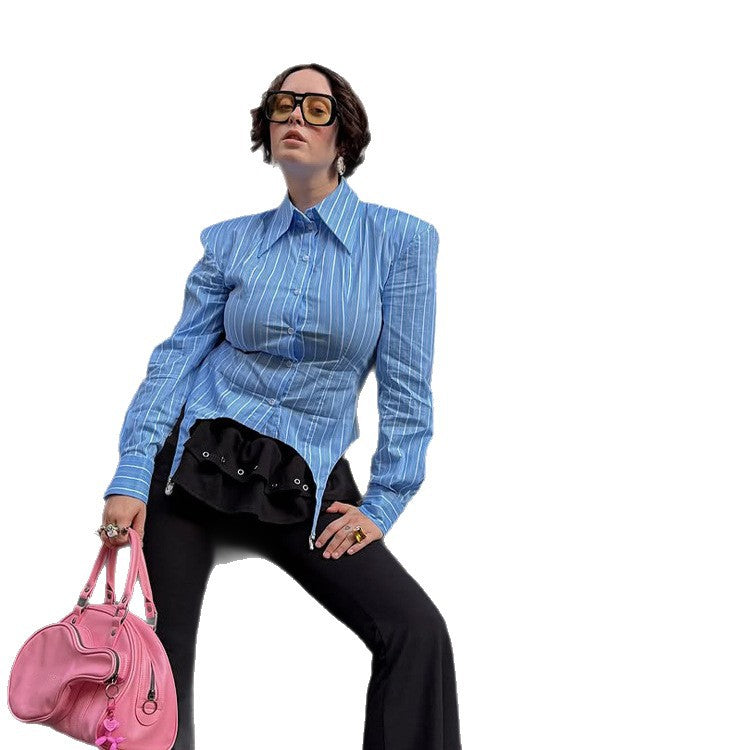 Women Tailored Striped Blouse with Pointed Peplum and Waist Gather Amarae