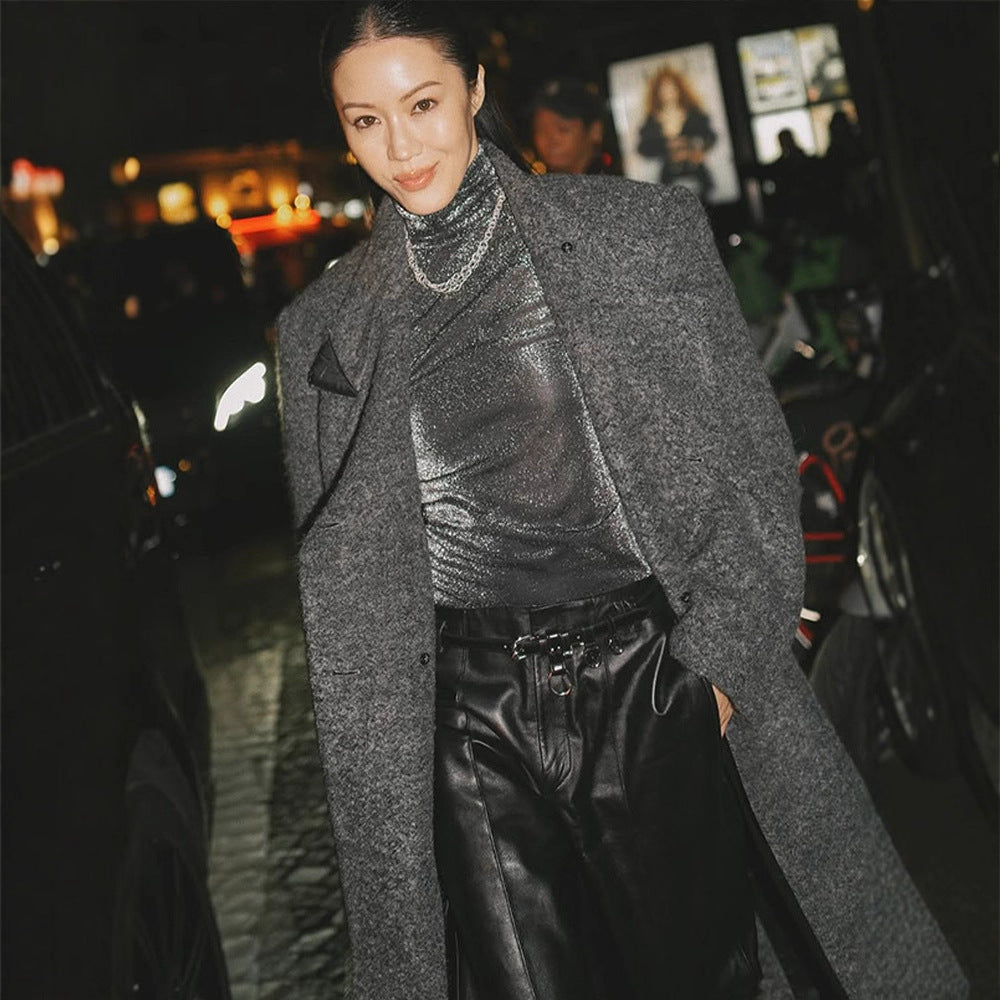 Women Maxi Long Oversize Wool Blend Coat Double-Breasted with Boxy Silhouette and Patch Pockets Amarae