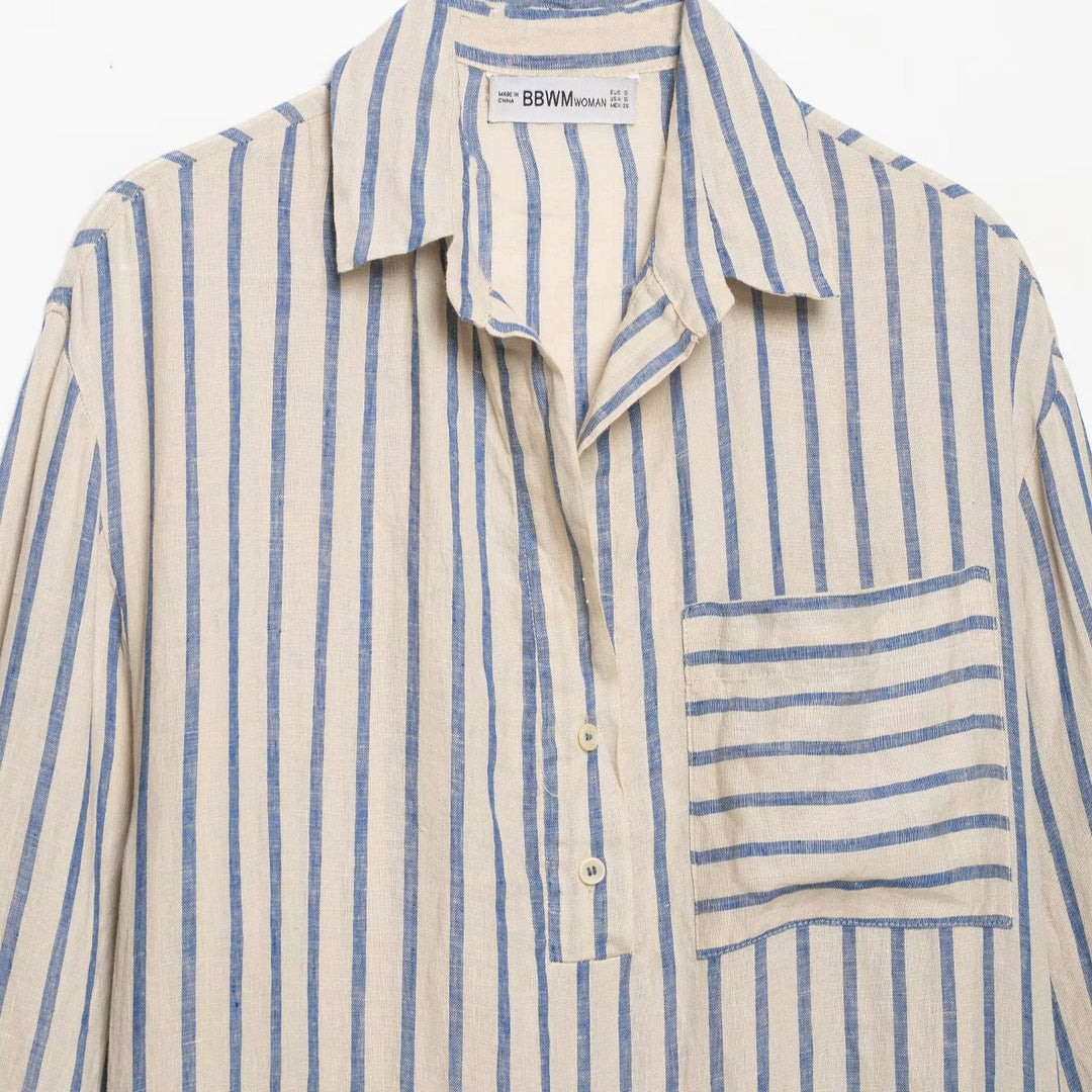 Women’s Long Shirt Dress in Linen Look with Striped Pattern and Side Slits Amarae