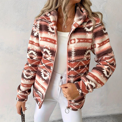 Veste en polaire pour femmes avec un motif ethnique à la mode et une fermeture éclair pratique Chic & Stil
