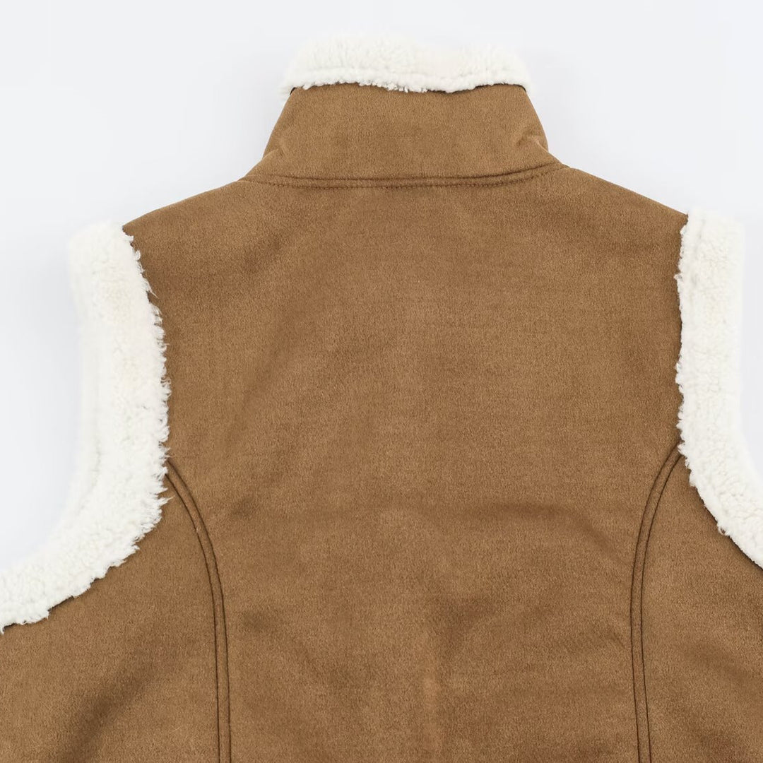 Women's Sleeveless Lambskin-Look Vest with Stand-Up Collar and Toggle Closures Amarae
