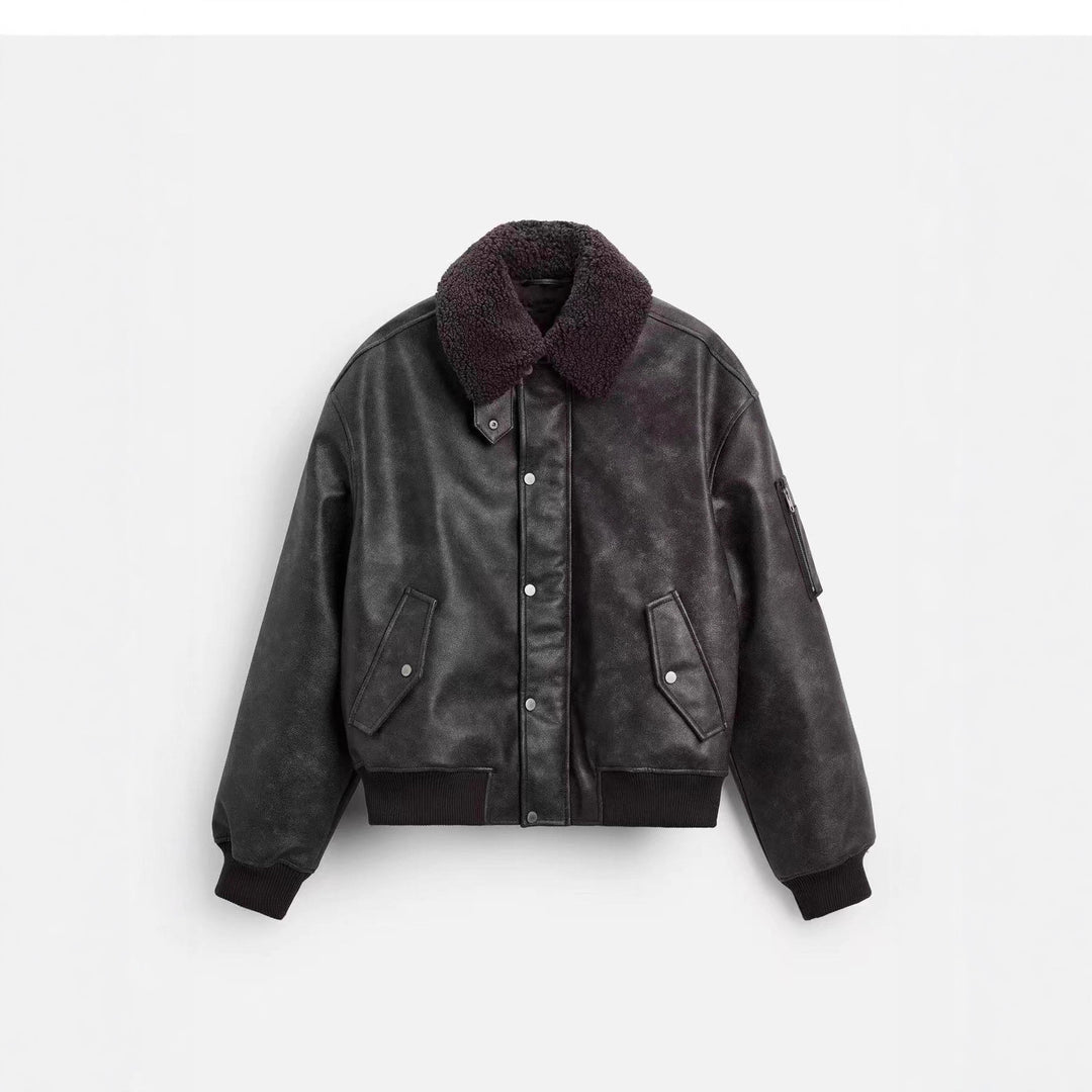 Men's Boxy Leather Blouson with Sherpa Collar and Arm Pocket Amarae