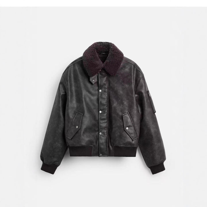 Men's Boxy Leather Blouson with Sherpa Collar and Arm Pocket Amarae