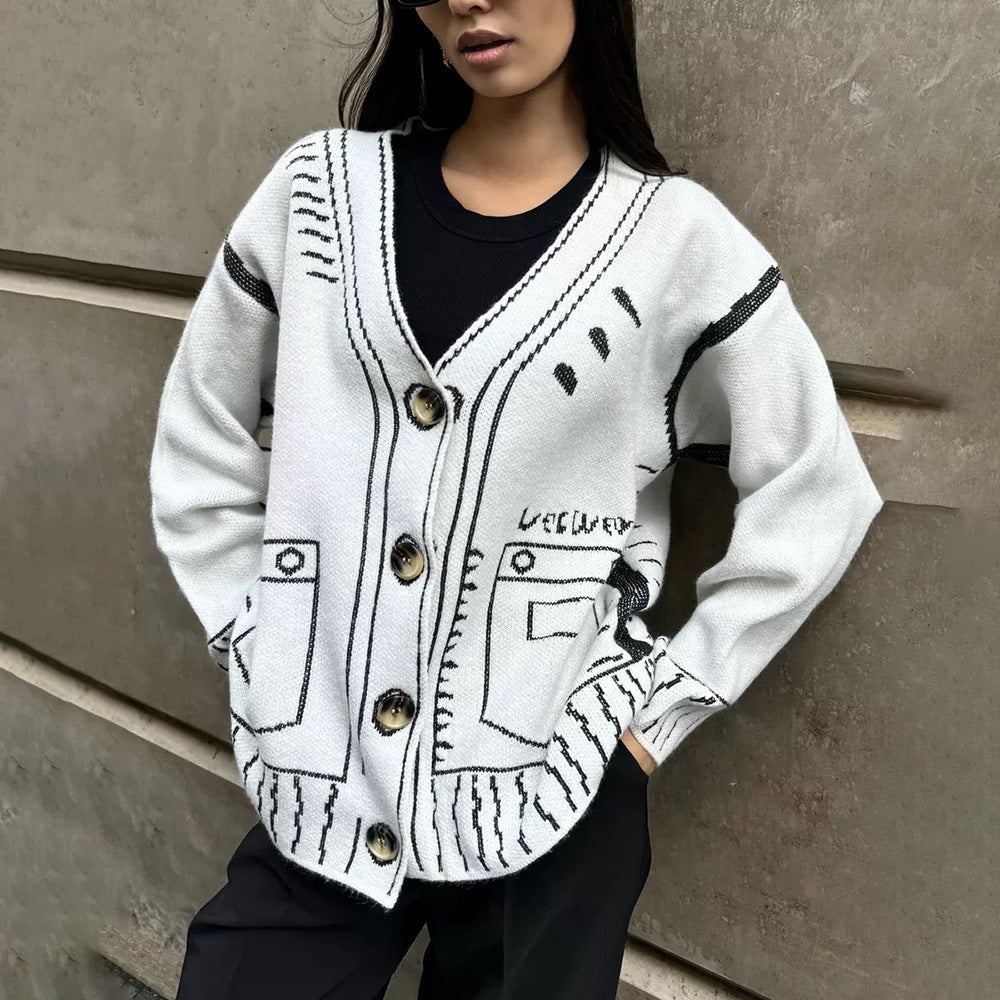 Designer knit jacket for women with a striking geometric pattern and big buttons Lune London