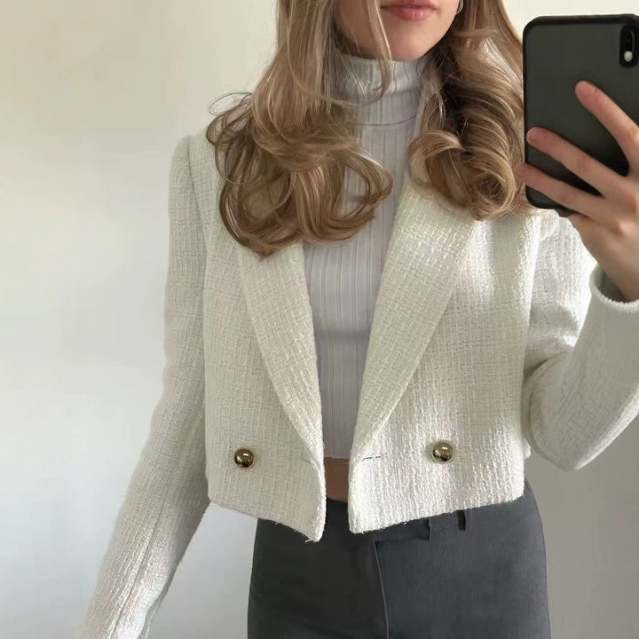 Women's Cropped Bouclé Tweed Blazer with Boxy Silhouette and Golden Decorative Buttons Amarae