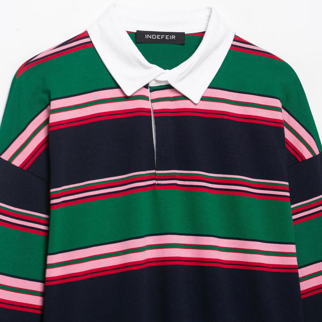 Women Oversize Rugby Polo Shirt with White Kent Collar and Wide Horizontal Stripes Amarae