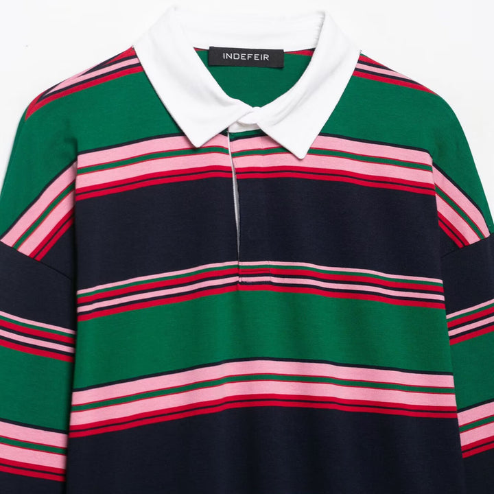 Women Oversize Rugby Polo Shirt with White Kent Collar and Wide Horizontal Stripes Amarae