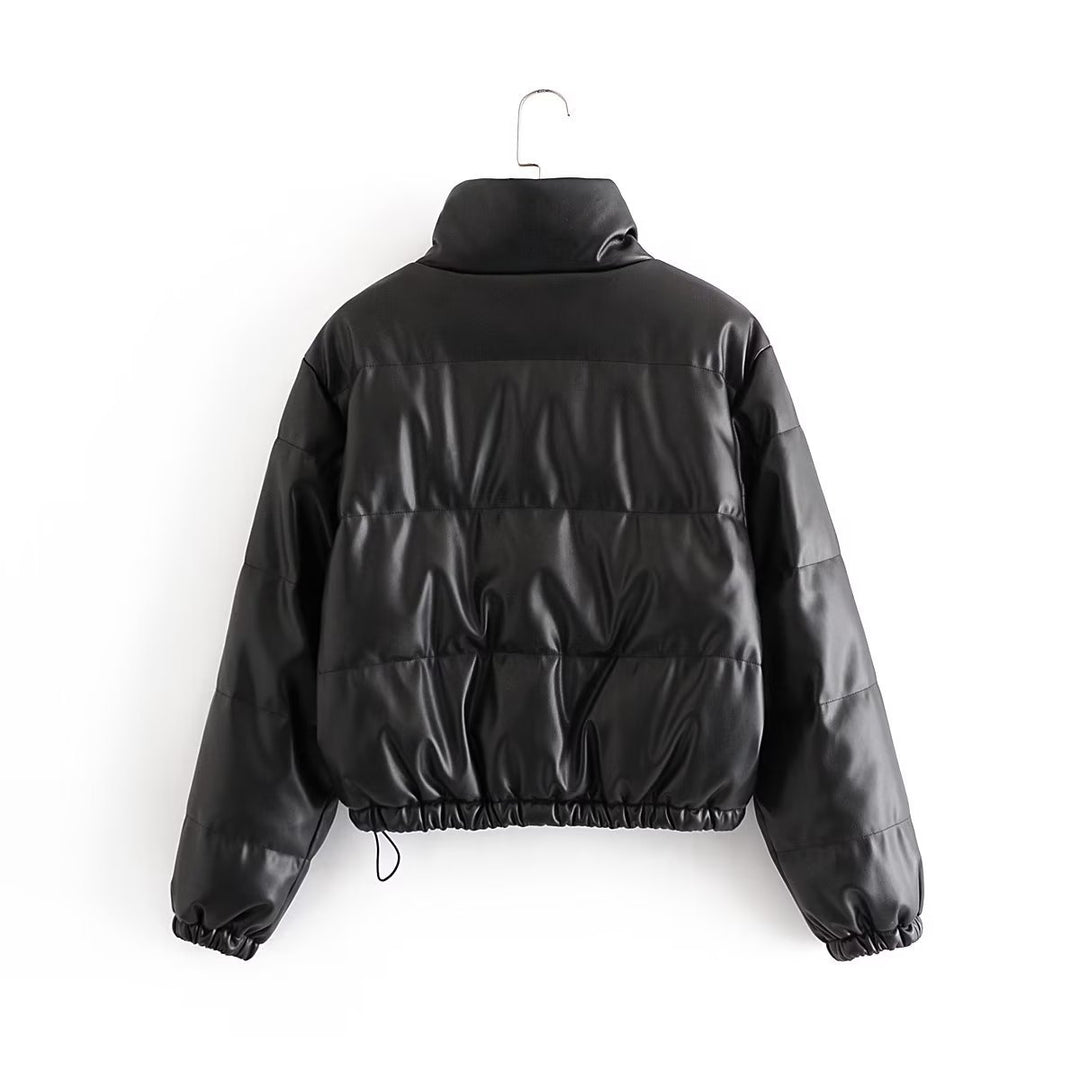 Quilted faux leather jacket for women with a high collar and elastic cuffs Lune London