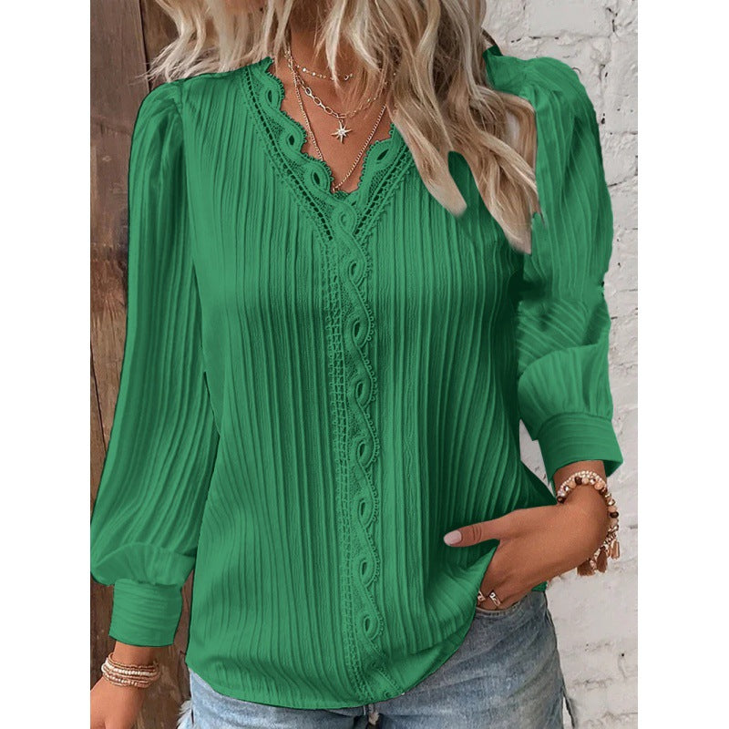 Women Pleated V-Neck Blouse with Lace Trim and Balloon Sleeves Amarae