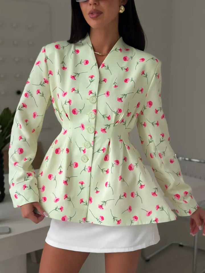 Women's fitted blazer with peplum, decorative buttons and floral pattern Amarae