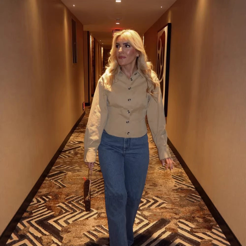 Women's Tailored Shirt Blouse with Shaped Waist, Full Button Placket & Kent Collar Amarae