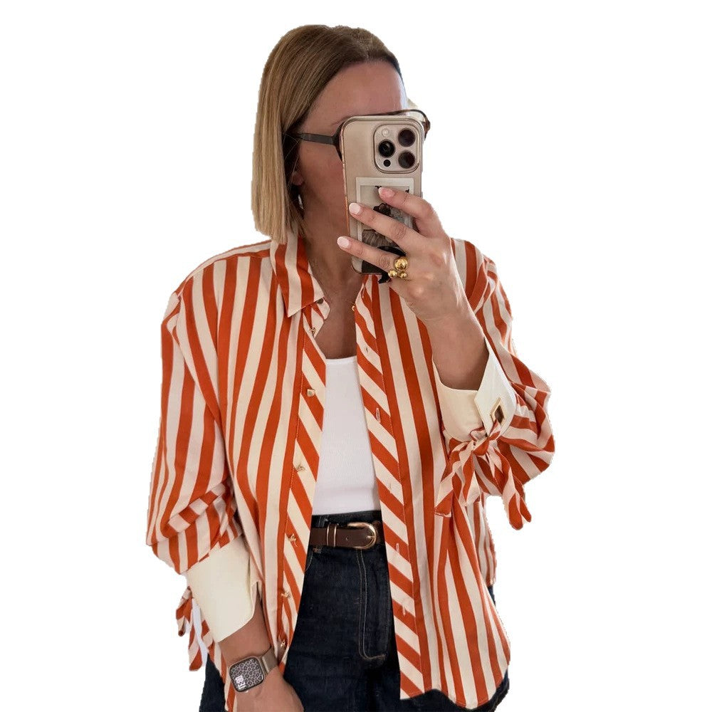 Women Striped Oversize Shirt Blouse with Ties on Sleeves and Concealed Button Placket Amarae