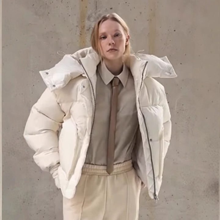 Women Oversize Quilted Puffer Jacket with extra high Stand-up Collar, double Front Zipper and boxy Silhouette Amarae